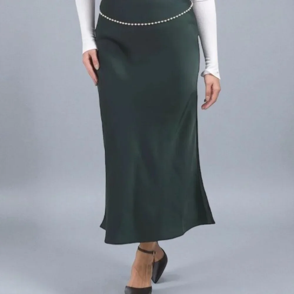 NWT Rachel Zoe Green Satin Slip Midi Skirt with Pearl Chain - Picture 4 of 7